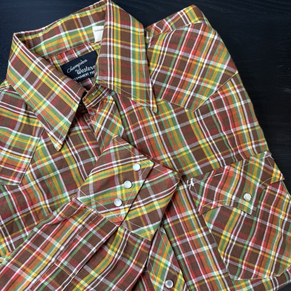 Vintage‎ 70 Champion Westerns Permanent Press Plaid Pearl Snap Button Shirt L